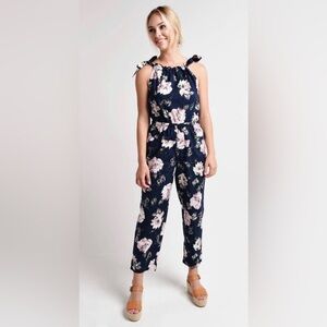NWT REBECCA TAYLOR Magnolia Watercolor Tie Halter Jumpsuit Navy/Pink L MSRP $475